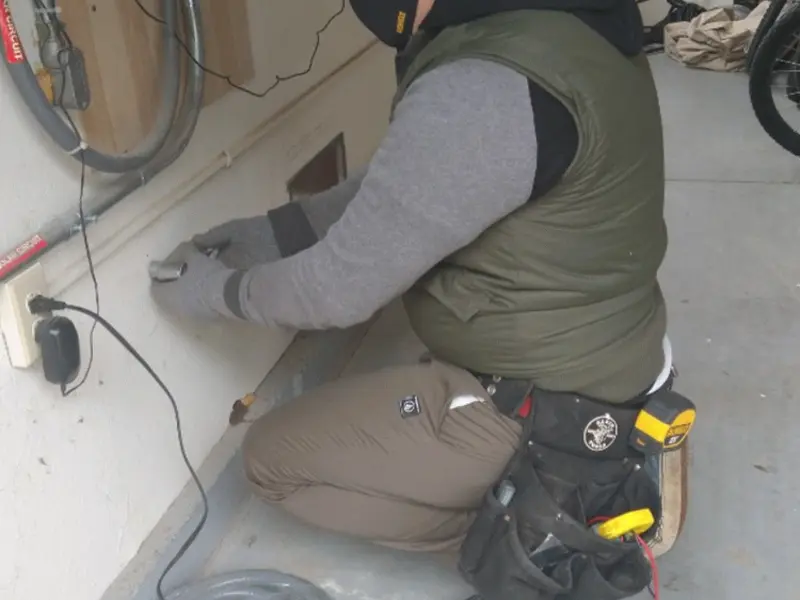 Electrician performing outlet wiring in a Garwood garage